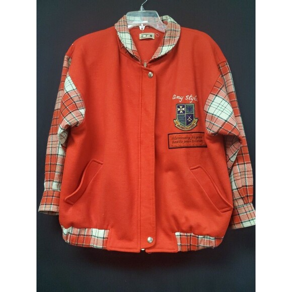 Gym Fashion Varsity Jacket Coat Red Plaid Sleeves Zip Up Unisex 1980s Vintage - Picture 1 of 8